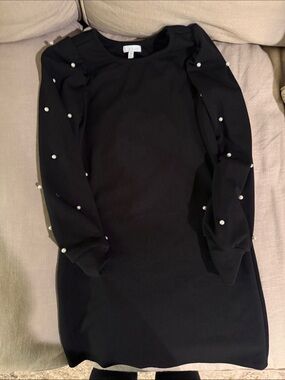 btween Black Long Sleeve Pearl-Accent Dress